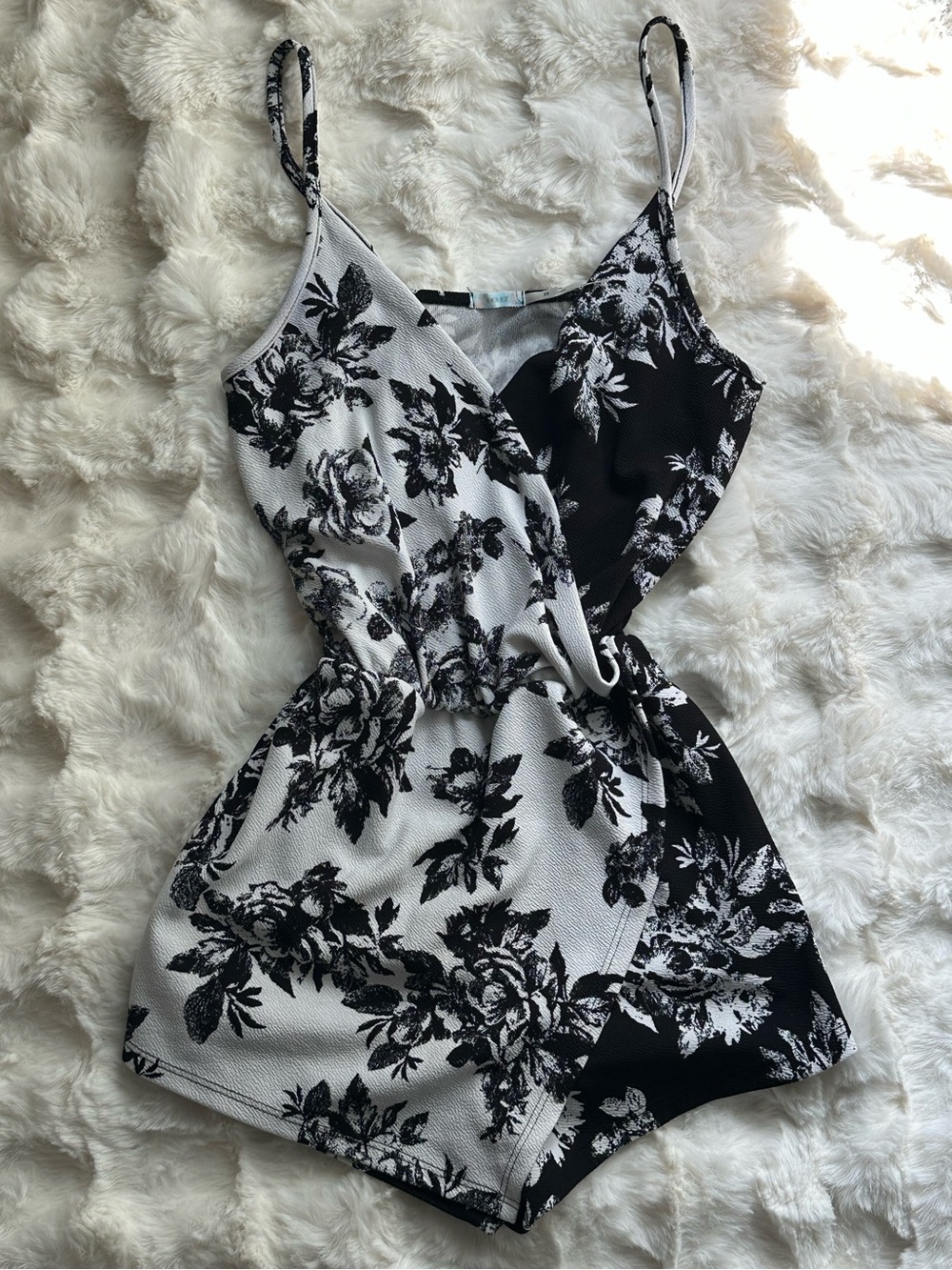 Dolls Black & White Floral Stylish Essential Alt Wrap Romper- Women’s